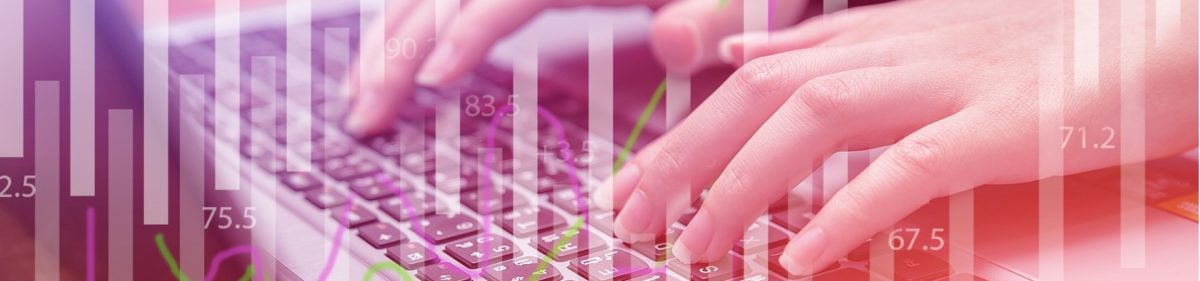 Woman working on keyboard with graphs overlay