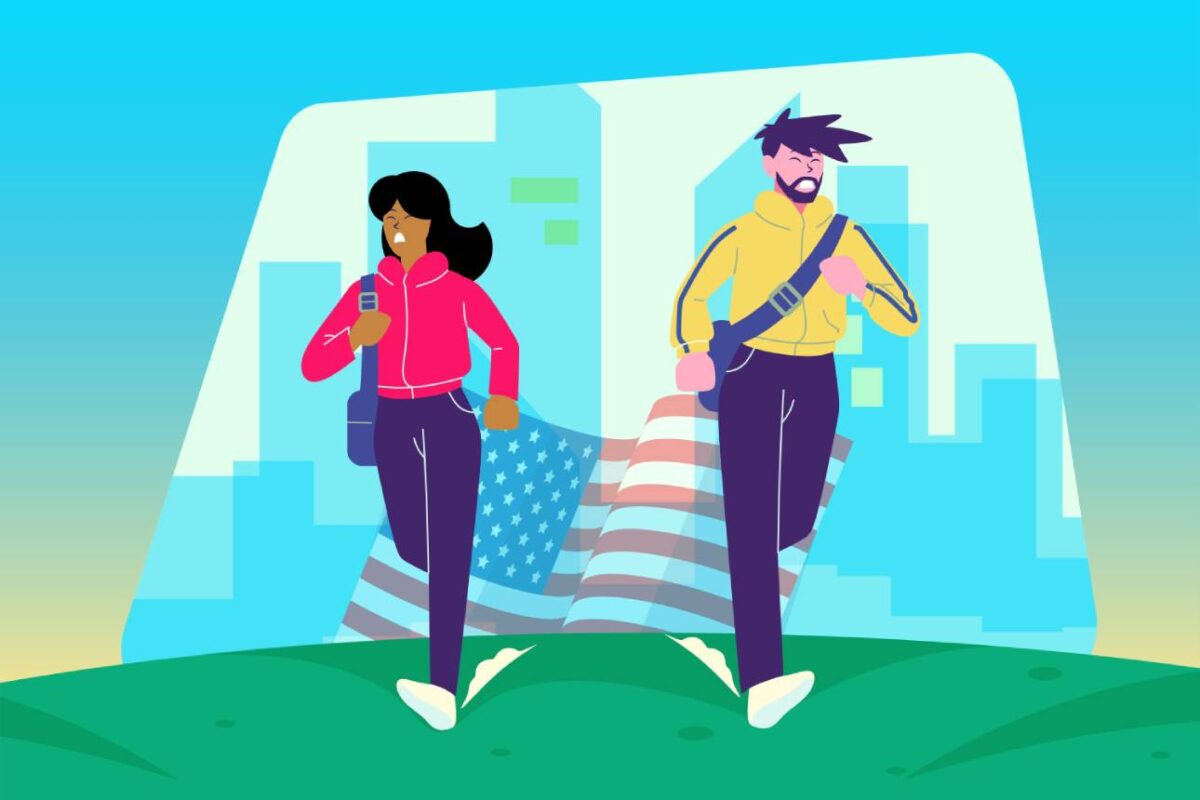 Two people running away from work