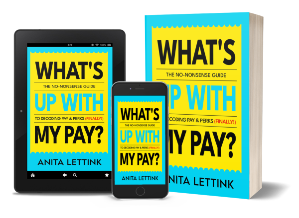 Book cover What's Up with my pay? Black letters on yellow ticket against blue background